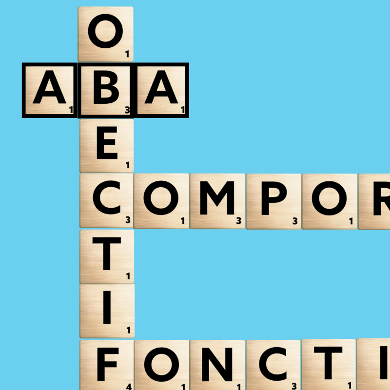Illustration type scrabble de mots représentant des concepts clefs en ABA