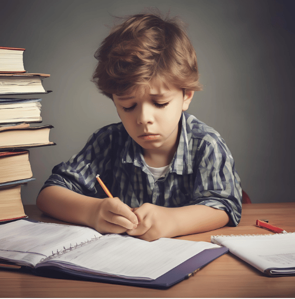Photographie de situation pouvant nécessité un coaching parental : enfant qui semble désespéré face à son travail
