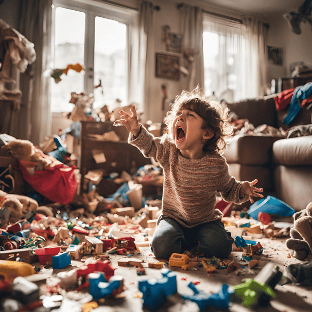 Photographie pour illustrer des situations de coaching parental : enfant en crise (cris, pleure et jette ses jouets)