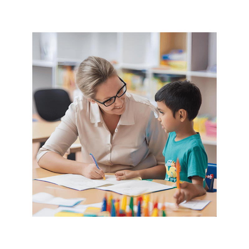 Photographie d'un élève accompagné par une adulte dans la réalisation de son travail scolaire par des stratégies ABA