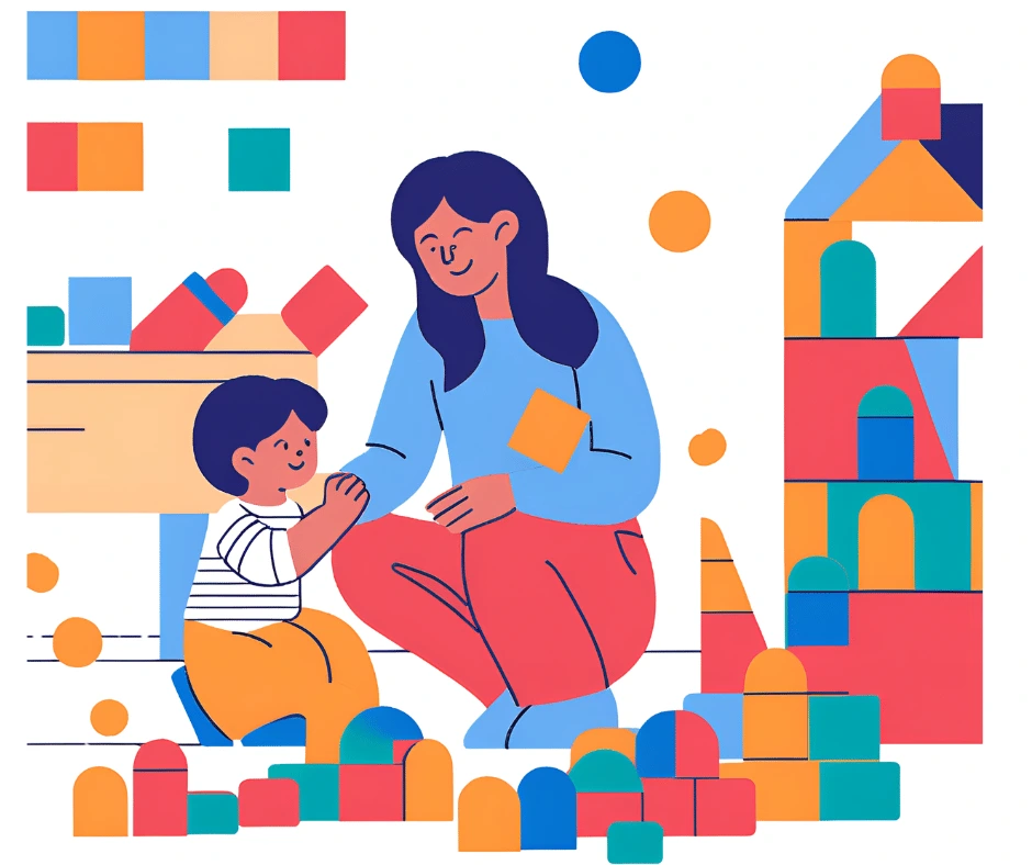 Illustration d'une thérapie comportementale : thérapeute accompagnant un enfant dans le développement de compétences au travers du jeu